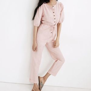 Madewell Linen-Blend Puff-Sleeve Tassel-Tie Jumpsuit in Pink Size XXS Button-Up